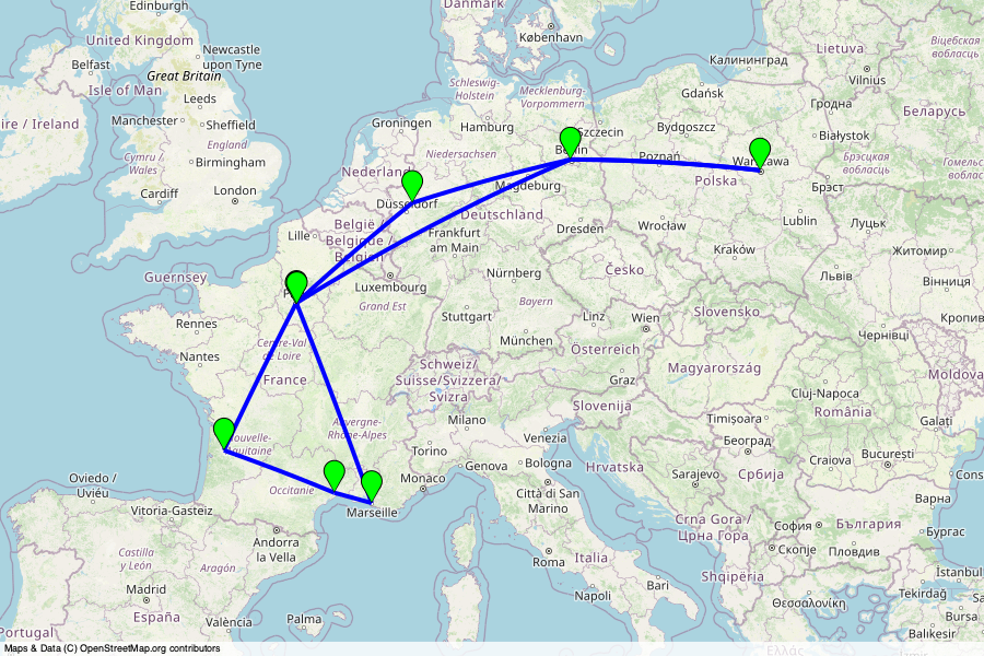 Une carte de lâeurope allant de la France jusquâĂ la Pologne oĂč les villes de Varsovie, Berlin, Essen, Paris, Bordeaux, Montpellier et Marseille sont distinguĂ©es par des indicateurs verts. Les trajets entre ces villes en train sont des lignes droites bleues traçant une constellation. Generated Map