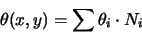 \begin{eqnarray*}
\theta(x,y)=\sum \theta_{i} \cdot N_{i}
\end{eqnarray*}